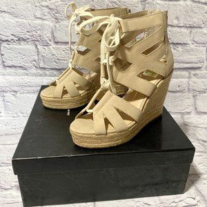 New DOLCE VITA Strappy Espadrille WEDGE Ankle Sandal Beige  LEATHER  Retail $150